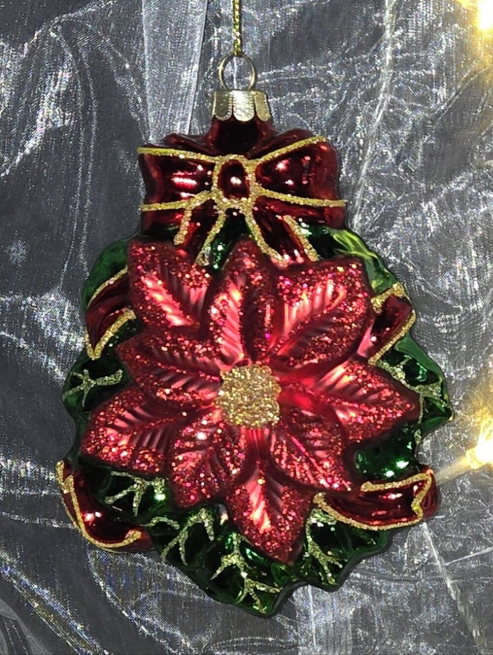 2 Red Poinsettia Glass Holiday Ornaments with Gold Accents